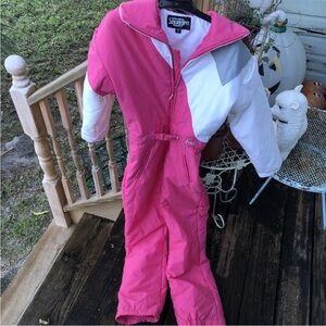 SNUGGLER Pink Gray Snowsuit One Piece Apres Ski Bunny Bib Sz M Vintagr 80s 90s.